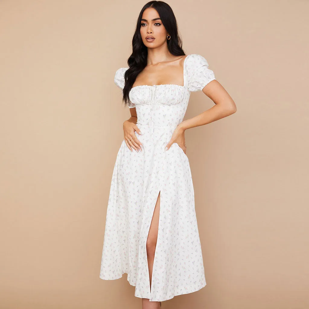 Printed Puff Sleeve High Slit Smock Maxi Sundress - White