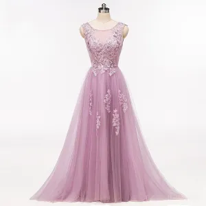 Purple Scoop Neckline Tulle Skirt Long Evening Prom Dresses, Popular Cheap Long 2018 Party Prom Dresses, 17225