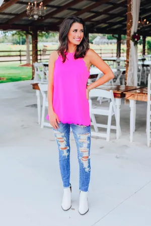 Scalloped Halter Tank - Hot Pink