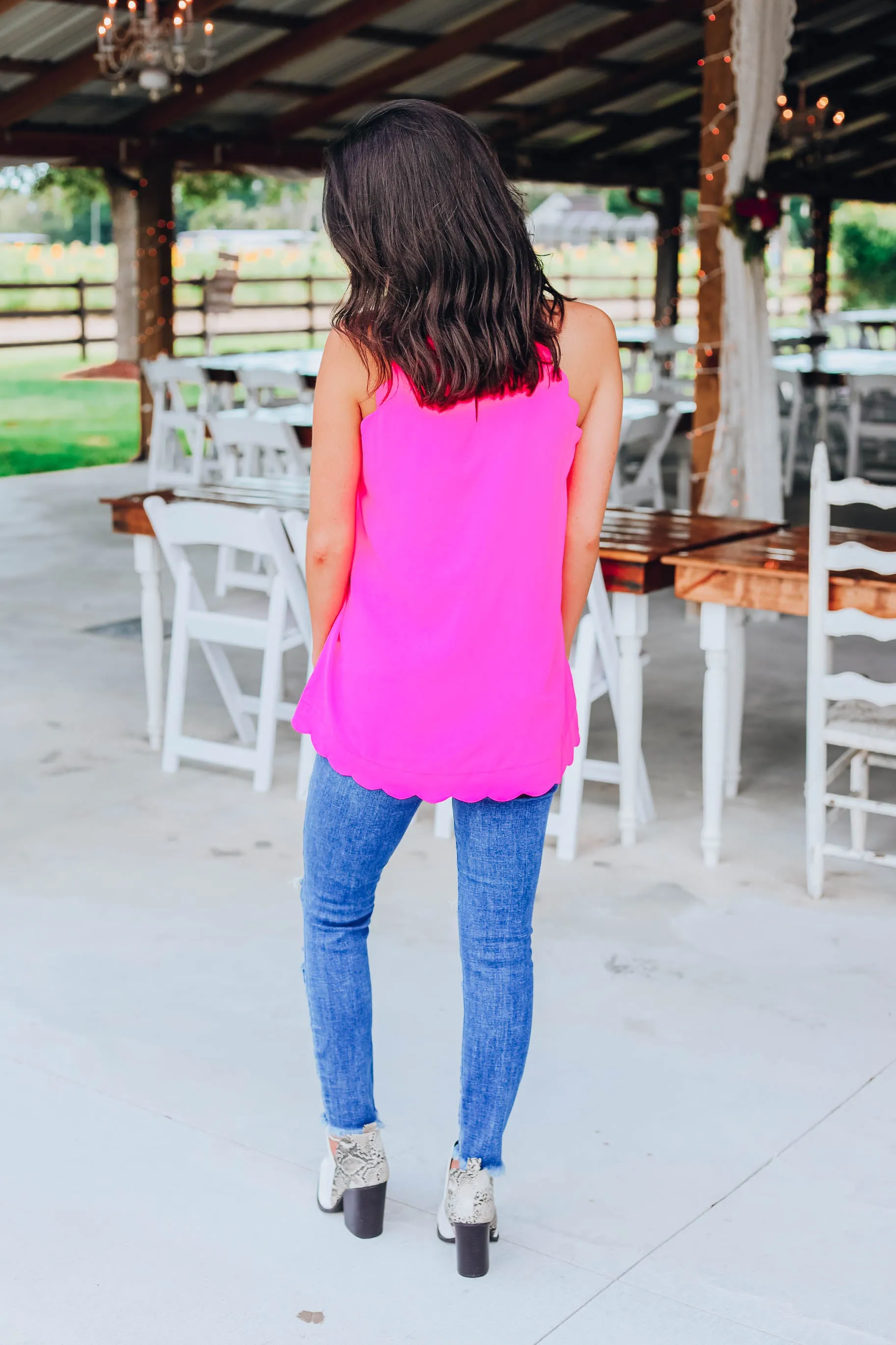 Scalloped Halter Tank - Hot Pink