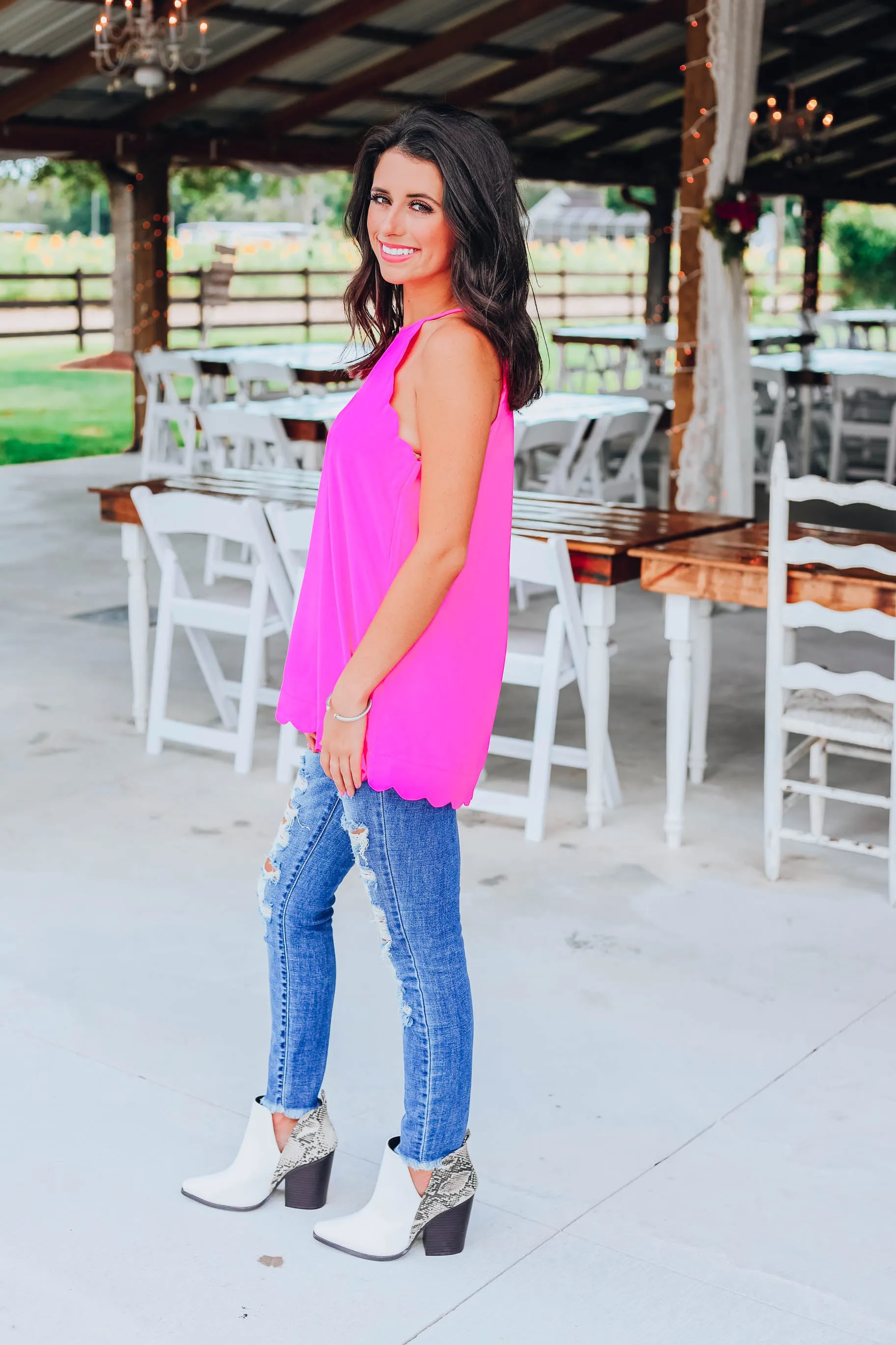 Scalloped Halter Tank - Hot Pink