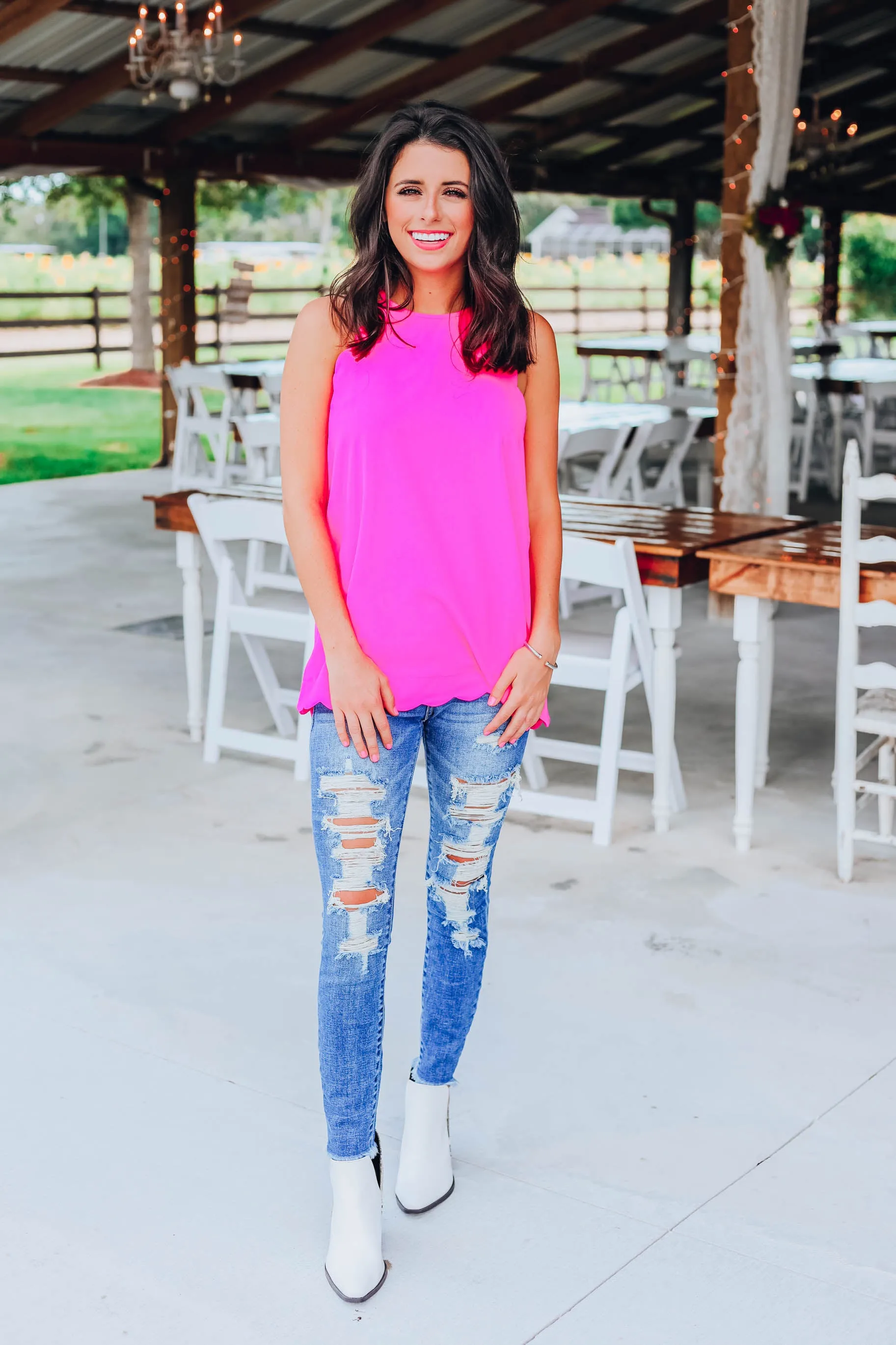 Scalloped Halter Tank - Hot Pink