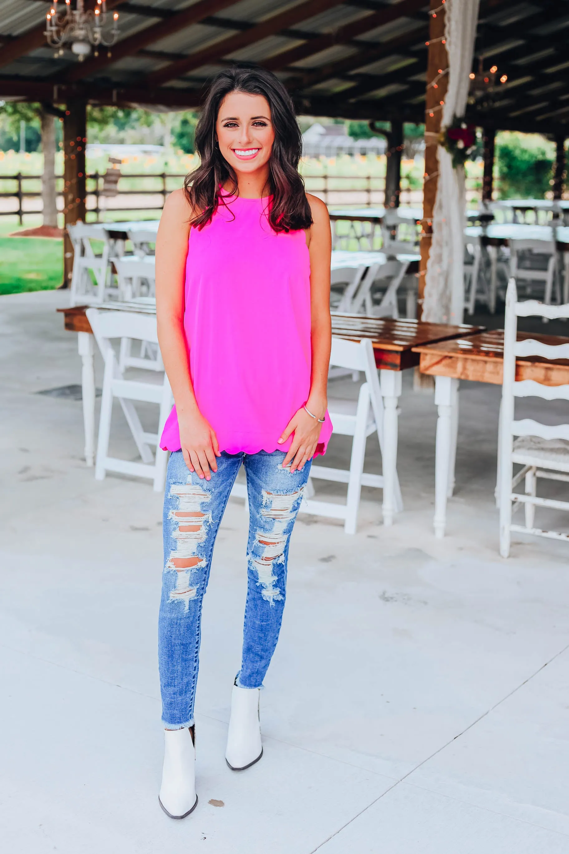 Scalloped Halter Tank - Hot Pink
