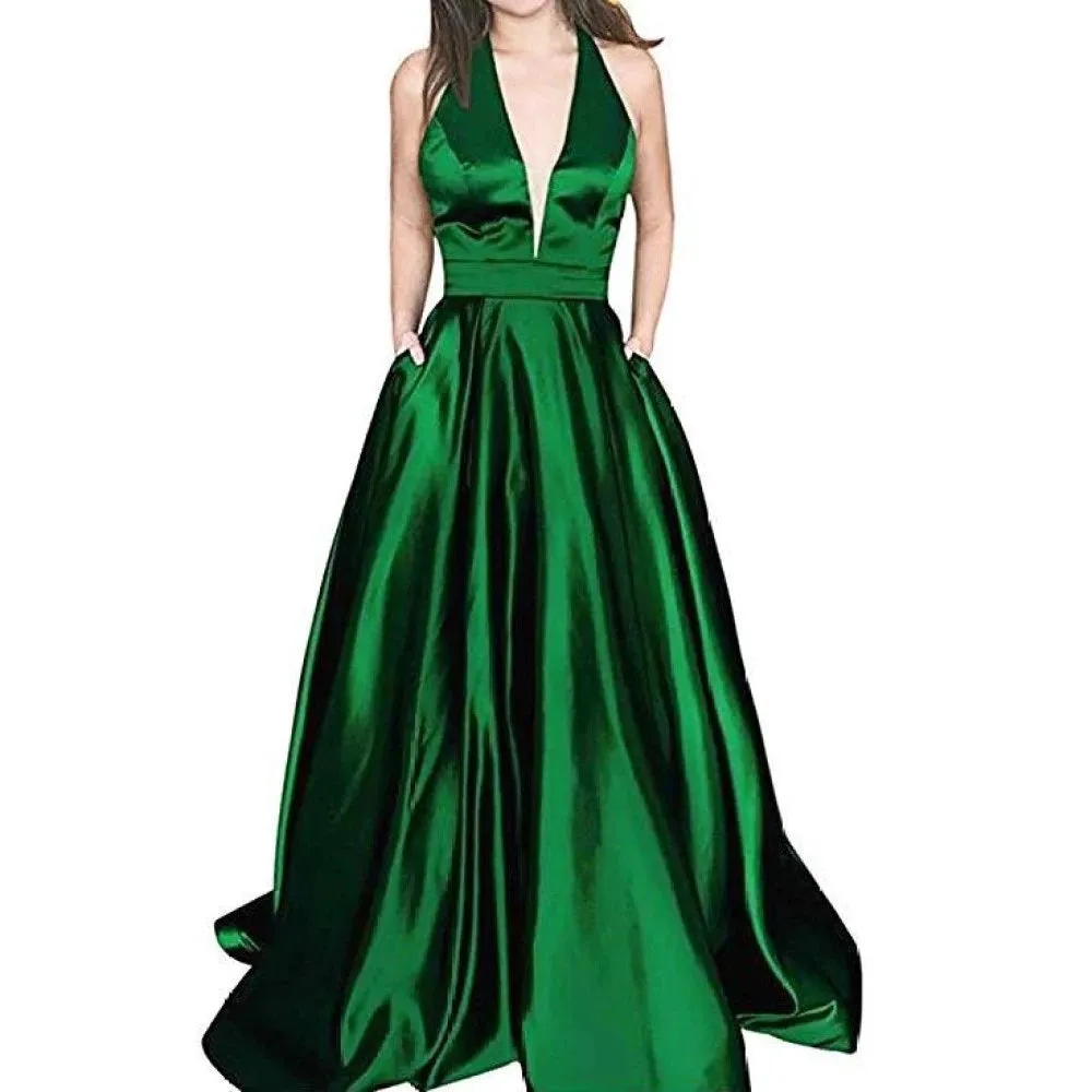 sd-hk Sexy Deep V Neck Sleeveless Wedding Longg Dress Prom Gowns