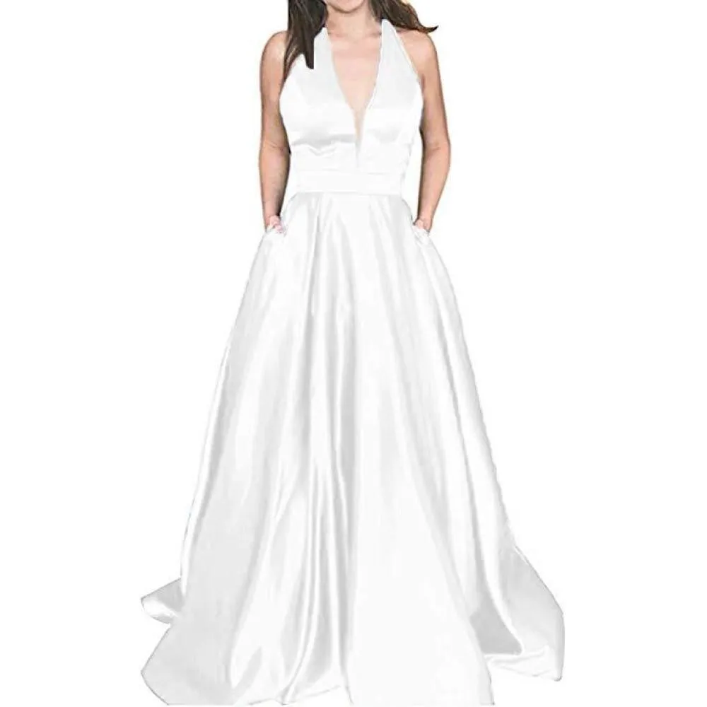 sd-hk Sexy Deep V Neck Sleeveless Wedding Longg Dress Prom Gowns
