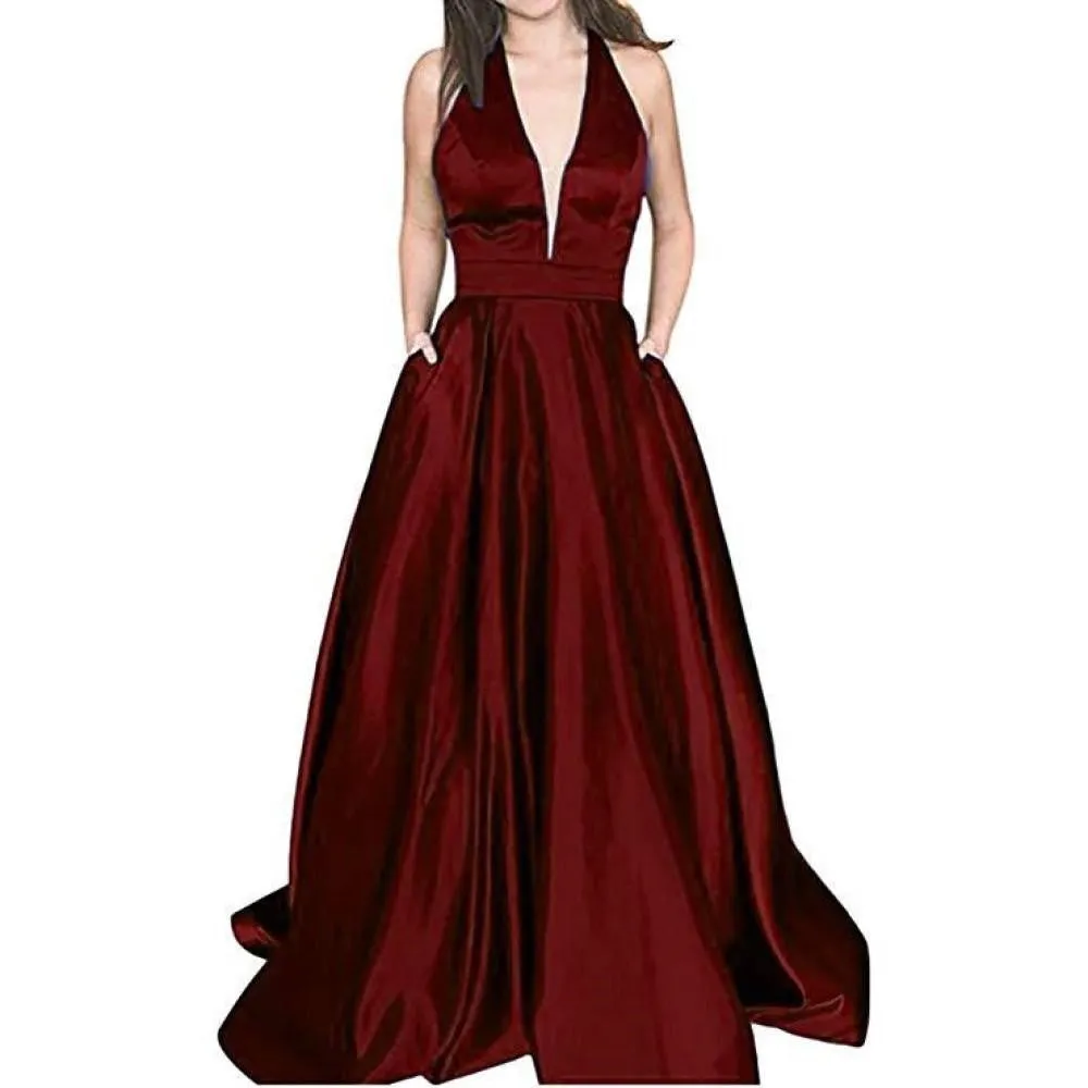 sd-hk Sexy Deep V Neck Sleeveless Wedding Longg Dress Prom Gowns