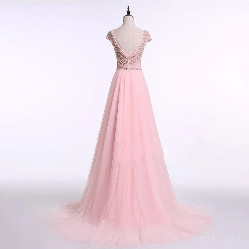 Sexy Backless Cap Sleeve Blush Pink Beaded Long Evening Prom Dresses, Popular Cheap Long 2018 Party Prom Dresses, 17241