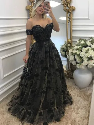Sexy Black Off-shoulder Sweetheart Full Lace A-line Long Prom Dress, AB3133