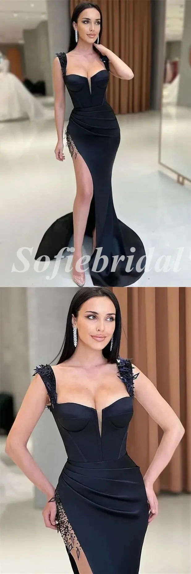 Sexy Black Satin Spaghetti Straps Sleeveless Side Slit Mermaid Long Prom Dresses With Applique,SFPD0608