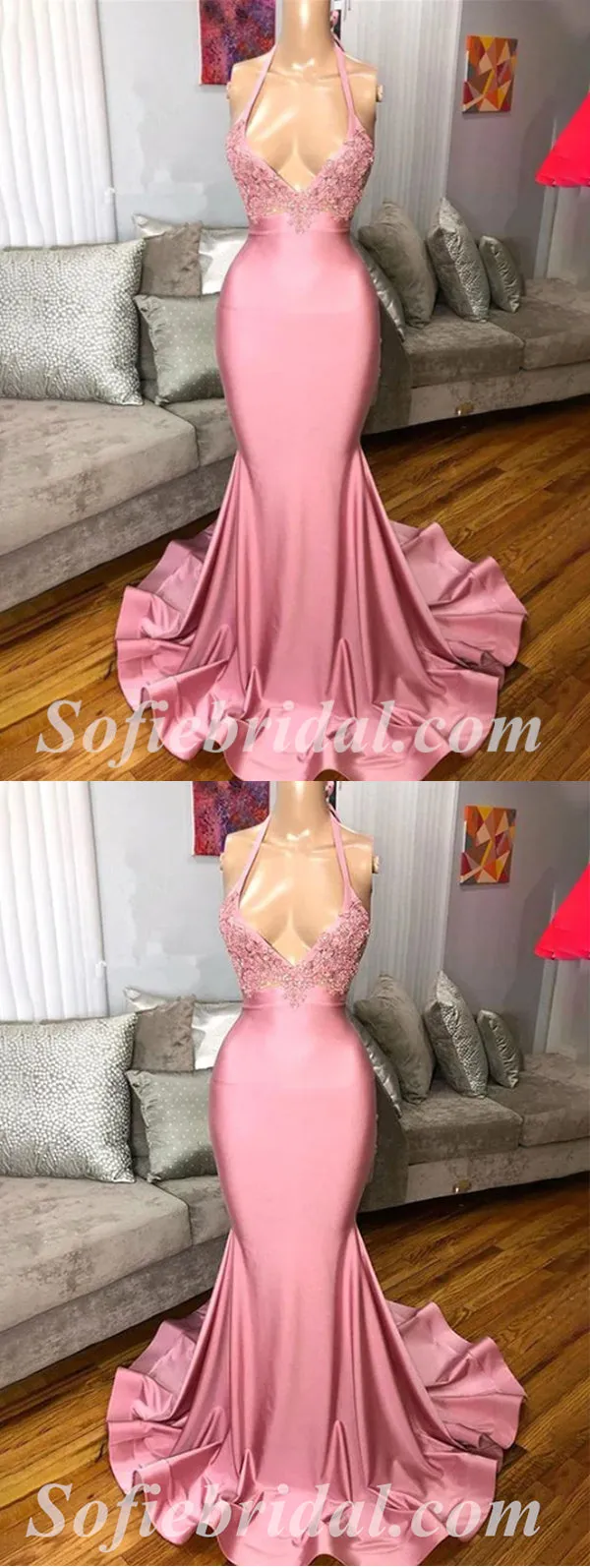 Sexy Blush Satin Halter Sleeveless Mermaid Long Prom Dresses With Applique,SFPD0426