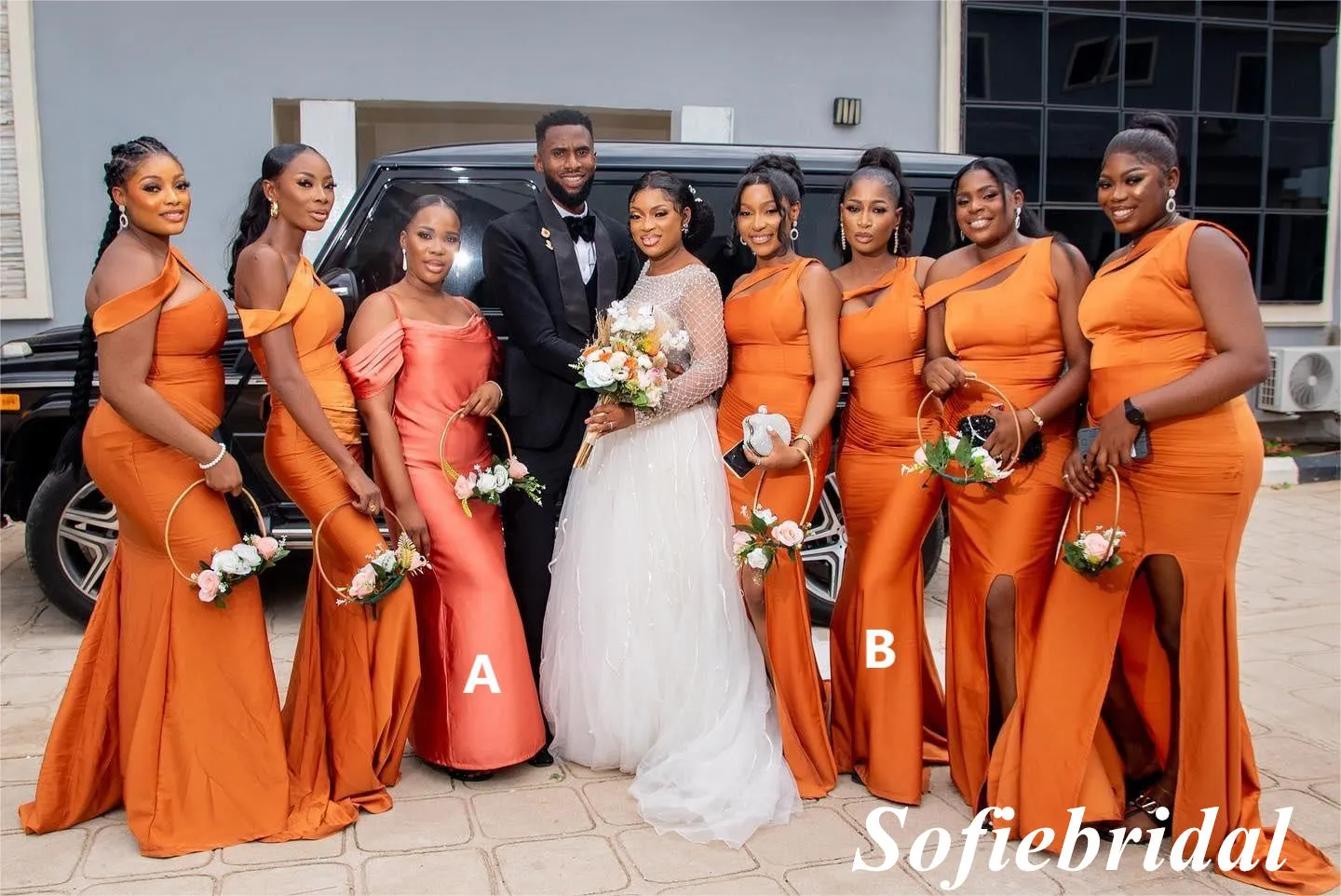 Sexy Mismatched Burnt Orange Soft Satin Mermaid Floor Length Bridesmaid Dresses, SFWG00532