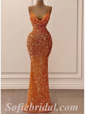 Sexy Orange Sequin Spaghetti Straps Cowl Sleeveless Mermaid Long Prom Dresses,SFPD0499