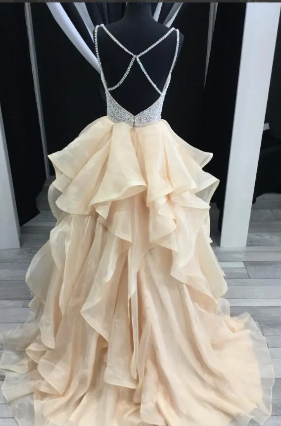Sexy Pink and Blue, Champagne Sparkly Top Open Back Pretty A-line Prom Dresses, PD0654