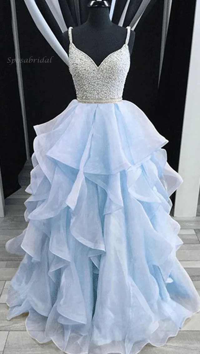 Sexy Pink and Blue, Champagne Sparkly Top Open Back Pretty A-line Prom Dresses, PD0654