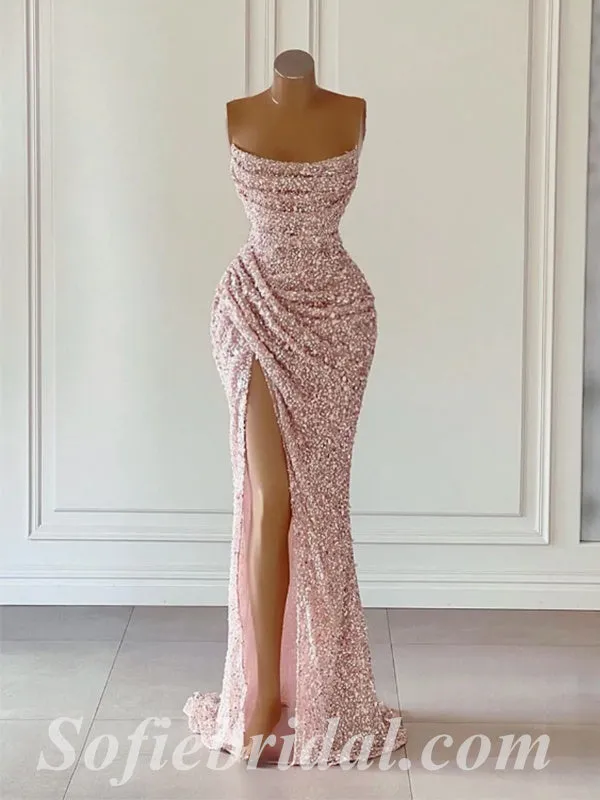 Sexy Shiny Sequin Sweetheart Sleeveless Side Slit Mermaid Long Prom Dresses With Pleats,SFPD0414