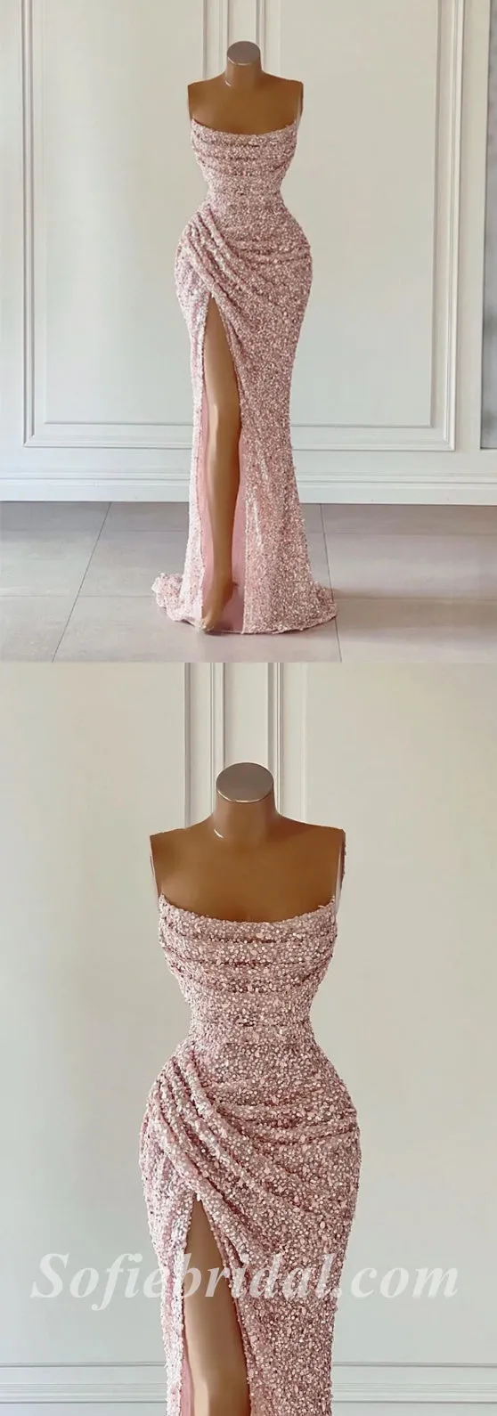 Sexy Shiny Sequin Sweetheart Sleeveless Side Slit Mermaid Long Prom Dresses With Pleats,SFPD0414