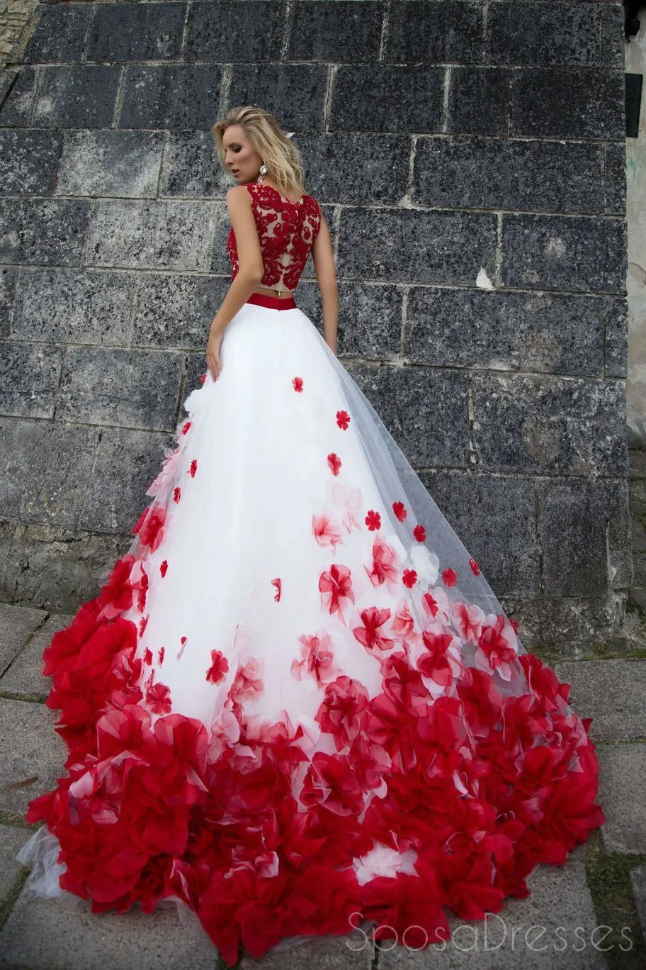 Sexy Two Pieces Red Lace White Skirt A line Long Custom Evening Prom Dresses, 17411