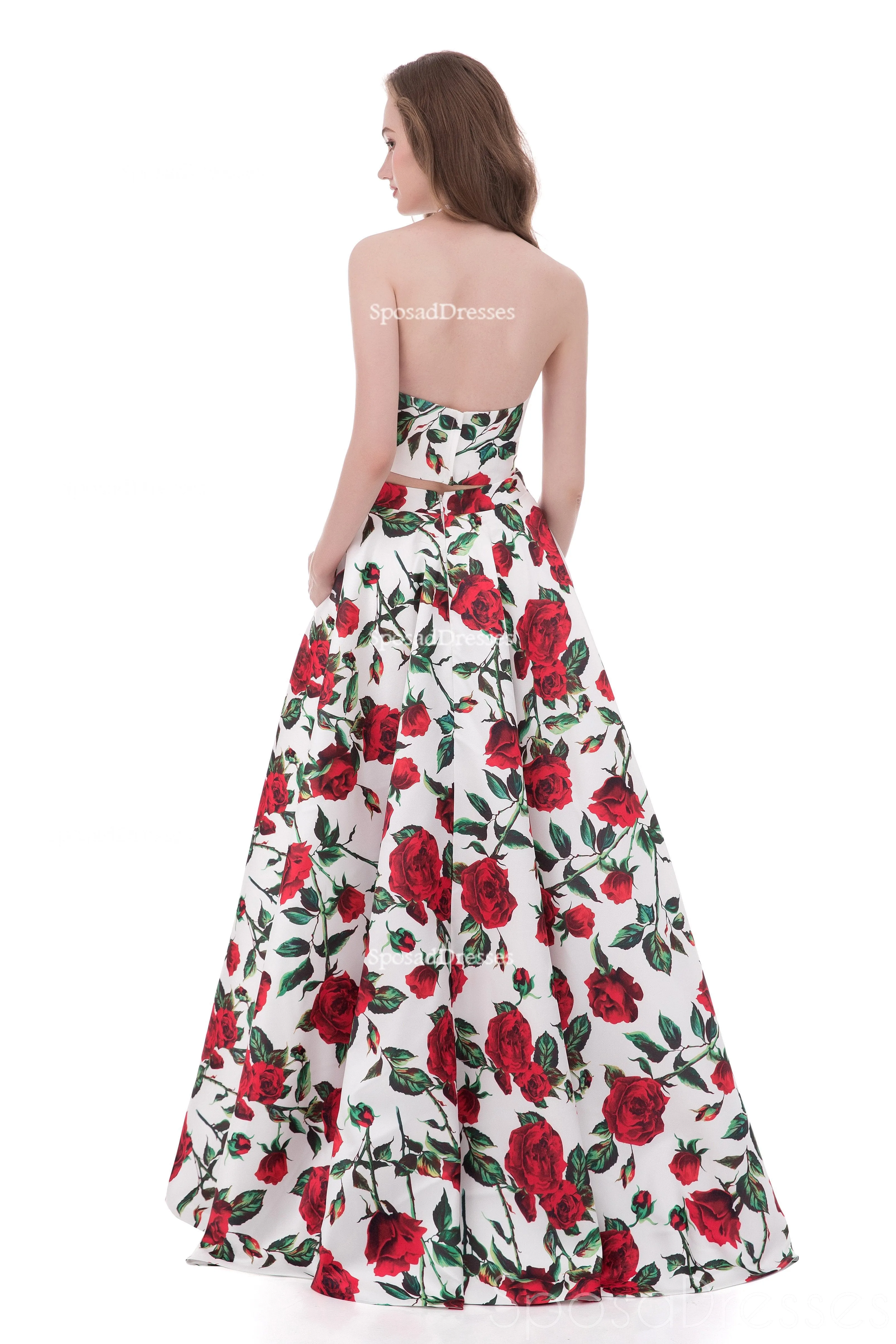 Sexy Two Pieces Simple Halter Printed Flower Long Evening Prom Dresses, Popular Cheap Long 2018 Party Prom Dresses, 17254