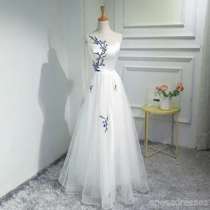 Simple Elegant Women Fashion White Embroidery Long Evening Prom Dresses, Popular Cheap Long 2018 Party Prom Dresses, 17301