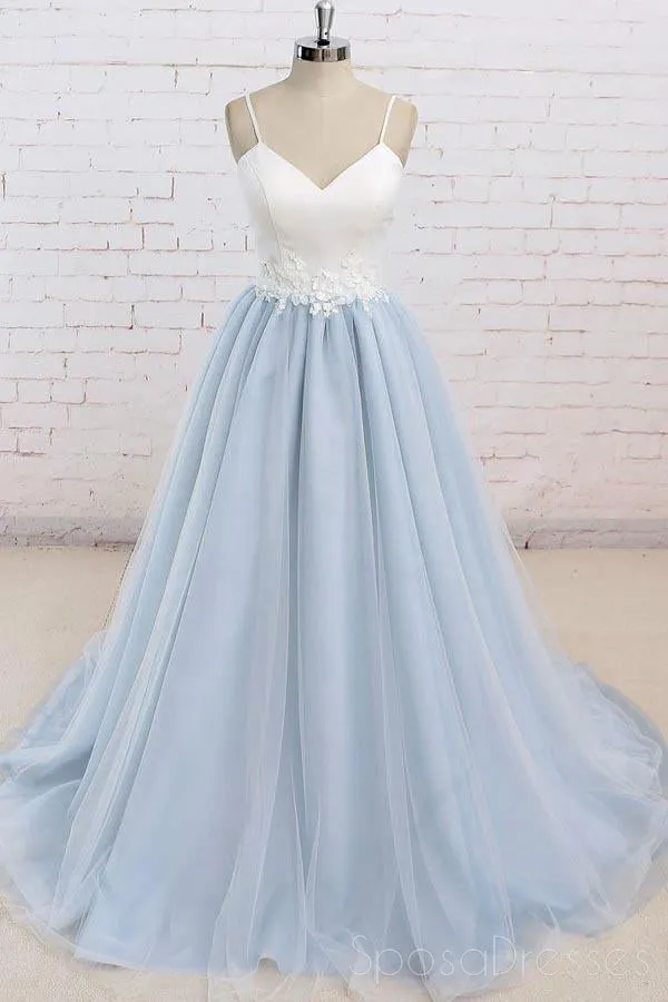 Simple Spaghetti Straps Light Blue A line Long Evening Prom Dresses, 17525