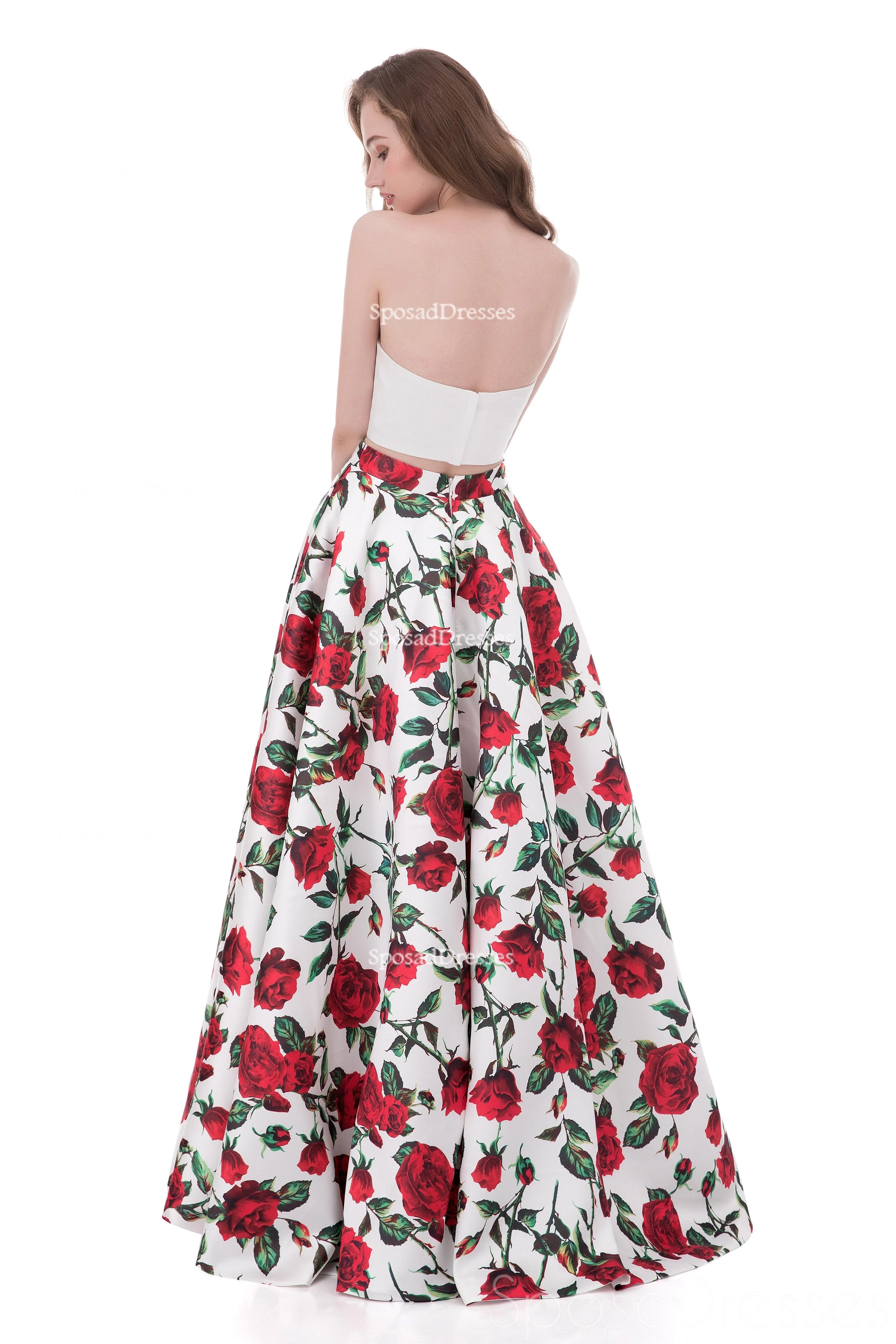 Simple Strapless Printed Flower Sexy Two Pieces  Long Evening Prom Dresses, Popular Cheap Long 2018 Party Prom Dresses, 17255