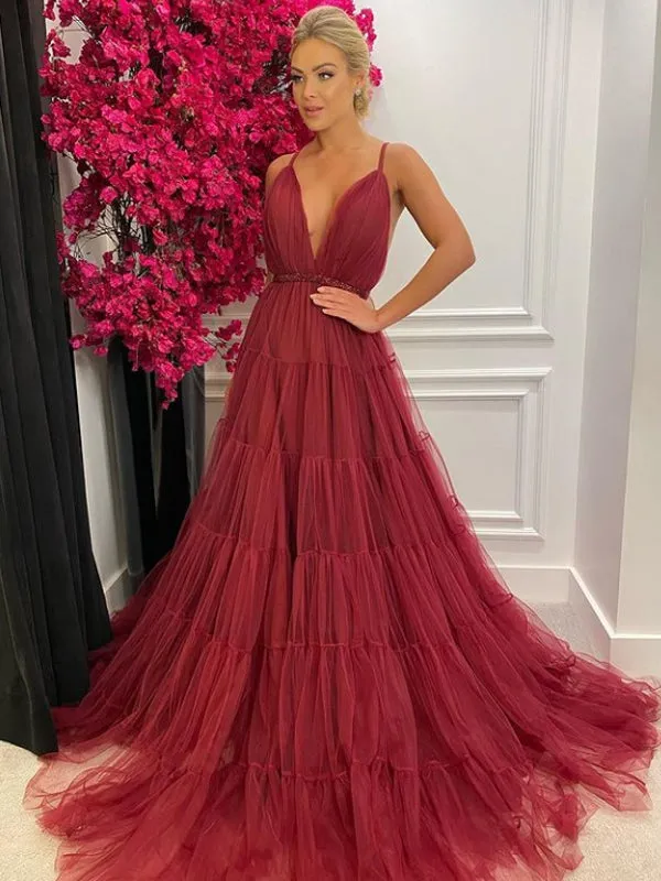 Simple V-neck A-line Tulle Cheap Long Prom Dresses,RBPD0118