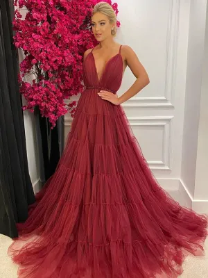 Simple V-neck A-line Tulle Cheap Long Prom Dresses,RBPD0118