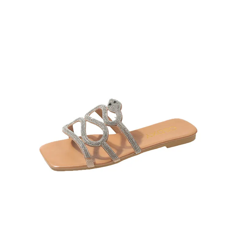 Snake Rhinestone Flat Slippers