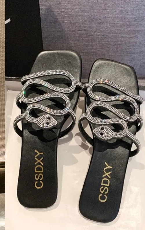 Snake Rhinestone Flat Slippers