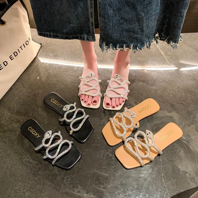 Snake Rhinestone Flat Slippers