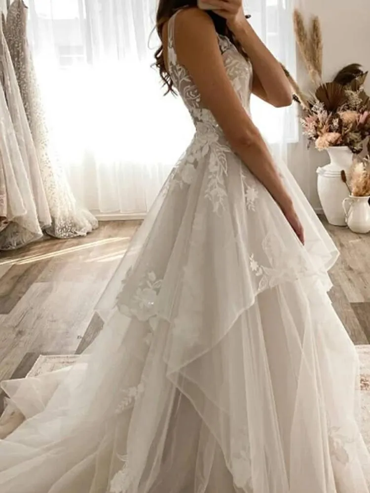Spaghetti Strap A-line Lace V-Neck Country Vintage Wedding Dresses, WD0601