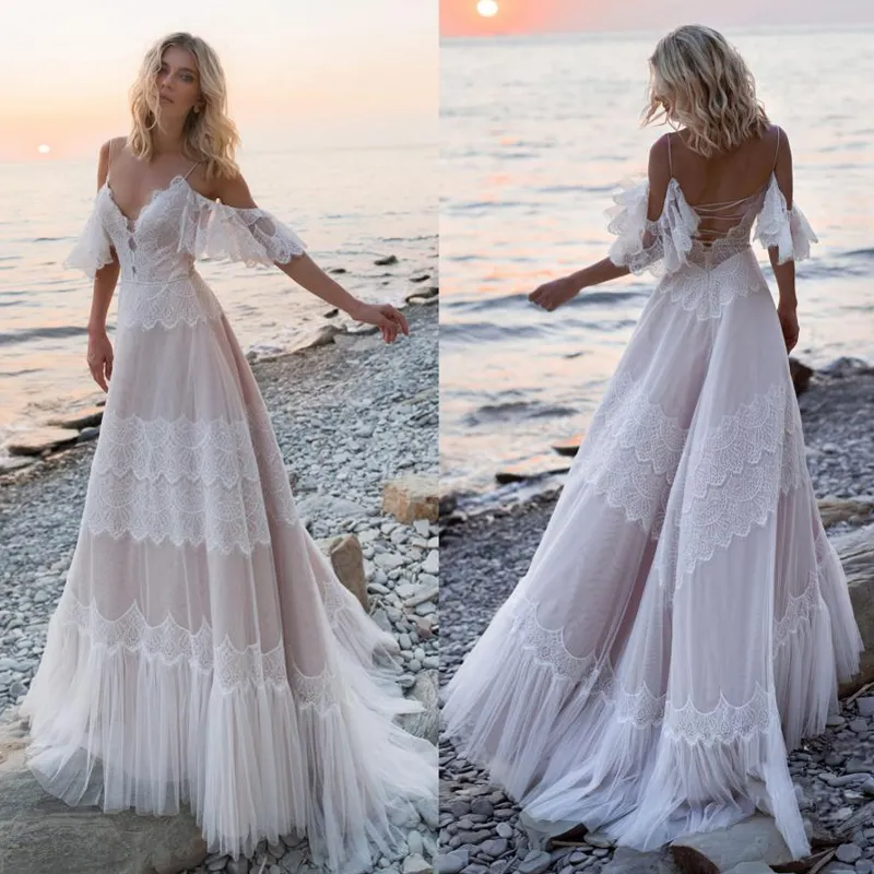 Spaghetti Strap Lace Off-shoulder Blush Open Back A-line Long Wedding Dress, WD3036