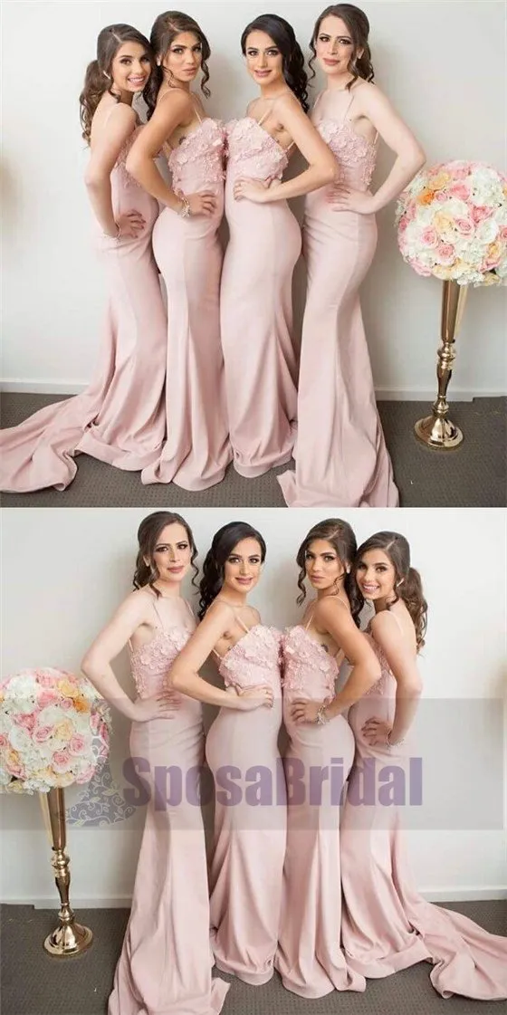 Spaghetti Straps Pink Mermaid Bridesmaid Dresses, Most Popular Prom Dresses, PD0473