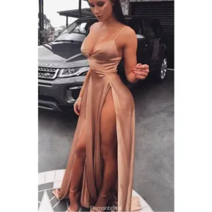 Spaghetti Straps Sexy Deep V-neck High Split Long Prom Dresses, PD0585
