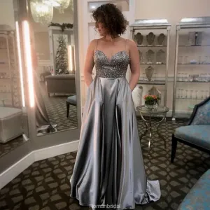 Spaghetti Straps V-neck Beading Grey Prom Dress With Pocket, PD0638