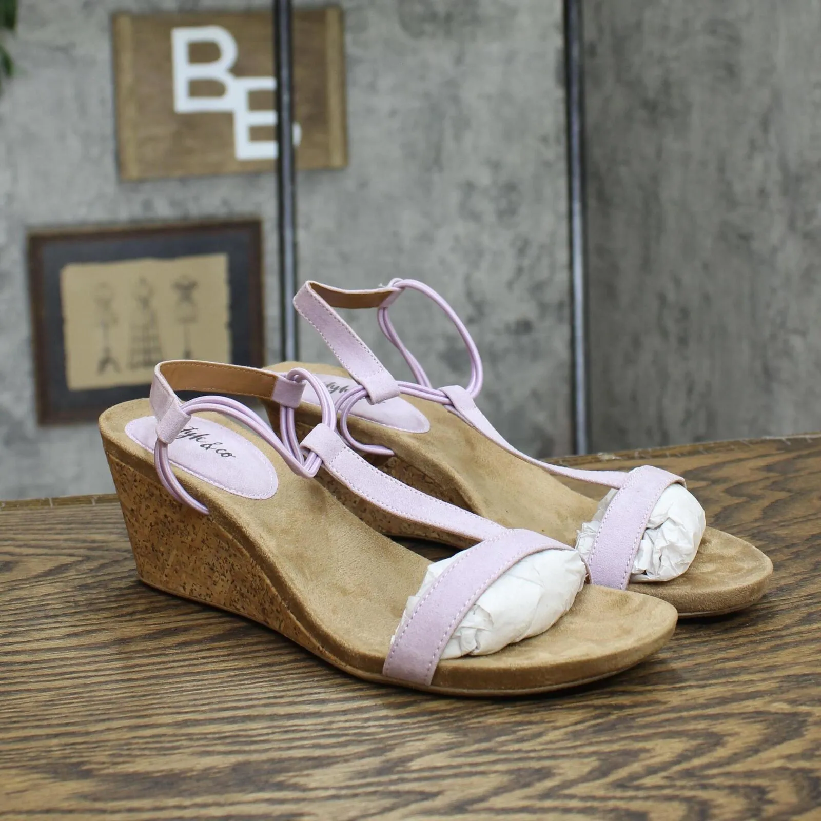 Style & Co. Womens Mulan Faux Suede T-Strap Wedge Sandals MULANF Purple 9M