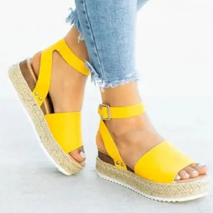 Summer Womens Casual Espadrilles Trim Rubber Sole Flatform Studded Wedge Buckle Ankle Strap Open Toe Sandals