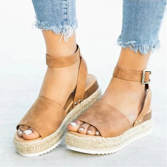 Summer Womens Casual Espadrilles Trim Rubber Sole Flatform Studded Wedge Buckle Ankle Strap Open Toe Sandals