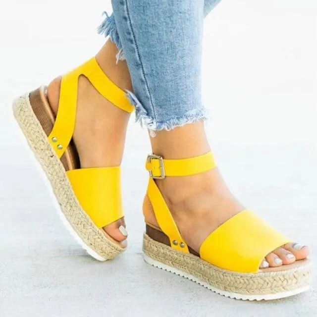 Summer Womens Casual Espadrilles Trim Rubber Sole Flatform Studded Wedge Buckle Ankle Strap Open Toe Sandals