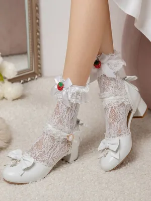 Sweet Lolita Sandals Round Toe Chunky Heel PU Leather White Lolita Summer Ankle Strap Heels