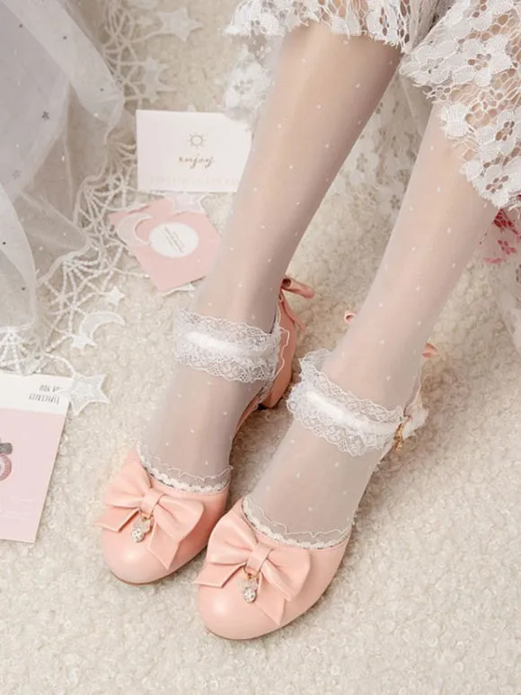 Sweet Lolita Sandals Round Toe Chunky Heel PU Leather White Lolita Summer Ankle Strap Heels