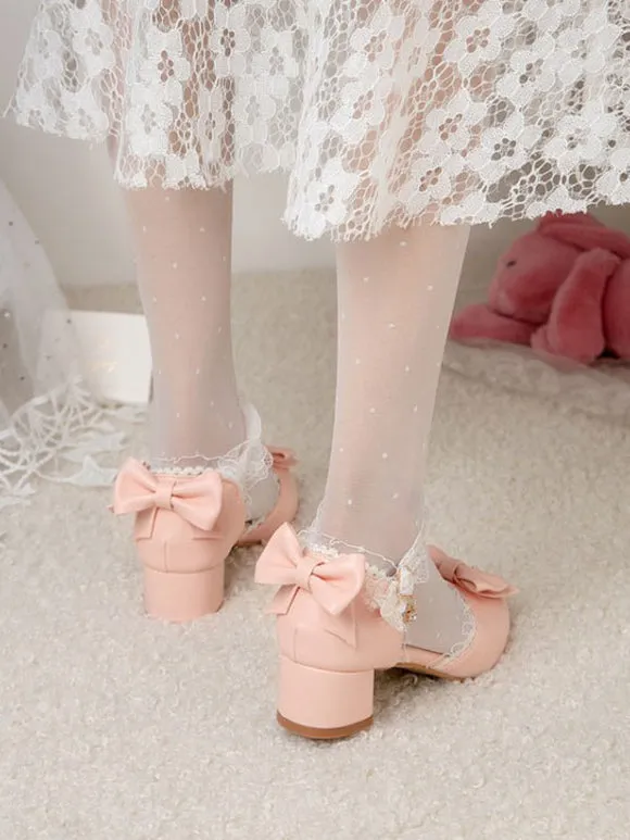 Sweet Lolita Sandals Round Toe Chunky Heel PU Leather White Lolita Summer Ankle Strap Heels