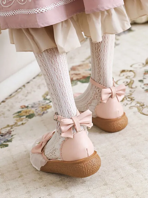 Sweet Lolita Sandals Round Toe PU Leather Bows Pink Lolita Summer Ankle Strap Heels
