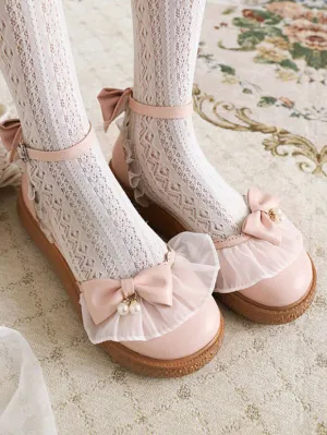 Sweet Lolita Sandals Round Toe PU Leather Bows Pink Lolita Summer Ankle Strap Heels