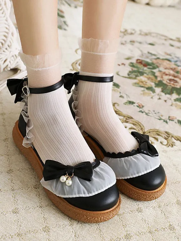 Sweet Lolita Sandals Round Toe PU Leather Bows Pink Lolita Summer Ankle Strap Heels