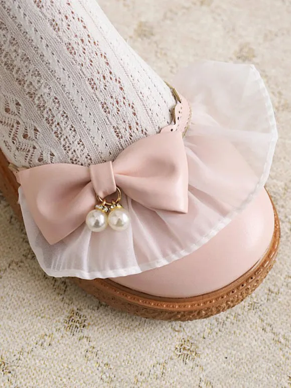 Sweet Lolita Sandals Round Toe PU Leather Bows Pink Lolita Summer Ankle Strap Heels