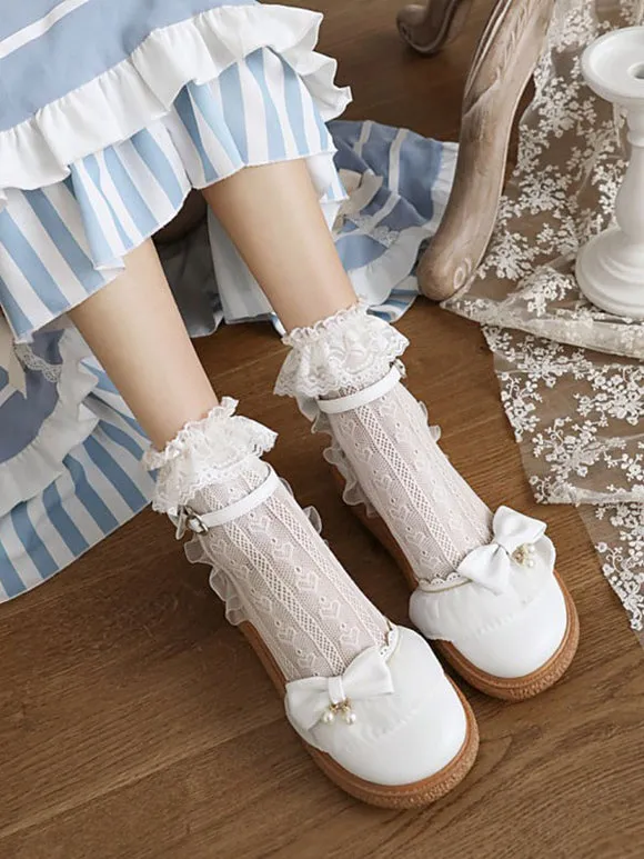 Sweet Lolita Sandals Round Toe PU Leather Bows Pink Lolita Summer Ankle Strap Heels