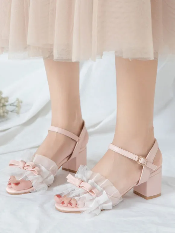 Sweet Lolita Sandals Ruffles Bows Round Toe PU Leather Purple Lolita Summer Shoes