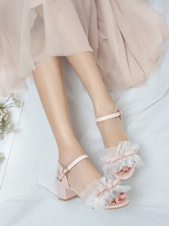 Sweet Lolita Sandals Ruffles Bows Round Toe PU Leather Purple Lolita Summer Shoes