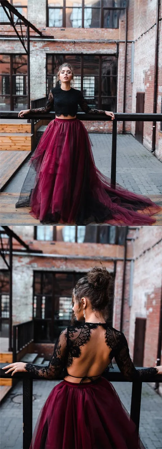 Two Pieces Black Lace Top And Tulle Burgundy Bottom Long Sleeves Open Back Prom Dresses,SFPD0191
